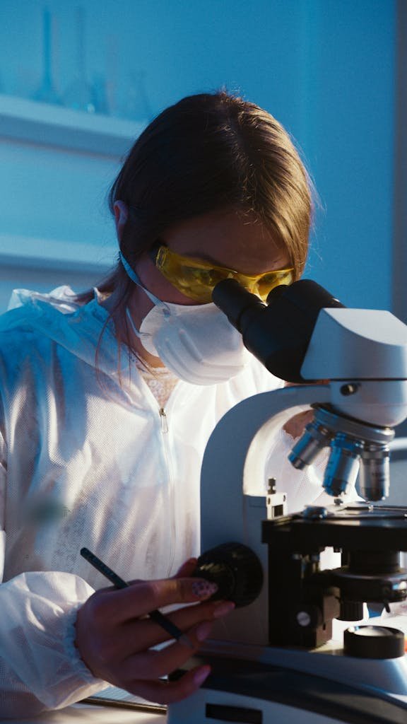 A female scientist examines a sample using a microscope in a laboratory setting.